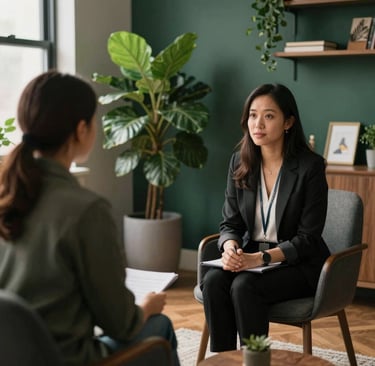 A professional counseling session in a warm North American office. Soft natural light illuminates the space which features dark green accents and leafy plants.