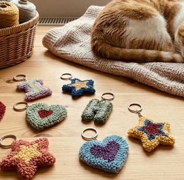 Crafting table with tufted keychains on it