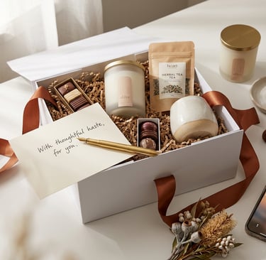 Luxury self-care gift box with a scented candle, herbal tea, chocolates, and a personalized note.