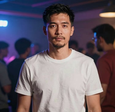 Photo of a happy customer holding paint cans inside a bright store with orange and navy blue accents.