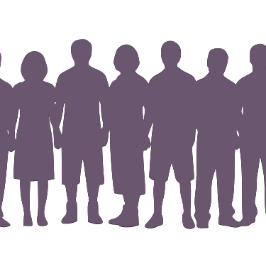 A group of silhouetted standing people in dusky purple