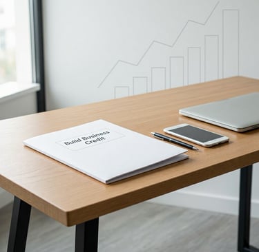 A white folder labeled Build Business Credit on a wooden desk with a smartphone, laptop, and pen.