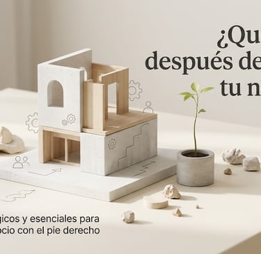 Miniature architectural model with a small plant and Spanish text about business growth strategy.