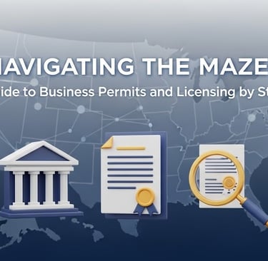 USA map with a classical government building and a legal document, symbolizing the maze of business 