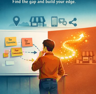 A business professional thoughtfully analyzing a whiteboard with sticky notes labeled 'Too Expensive