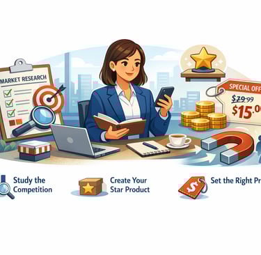 An illustration of a business founder at a desk analyzing market research charts, a 'Star Product' t