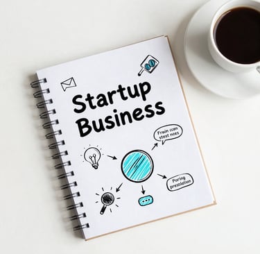 A clean white desk with a minimalist notebook open to a business roadmap sketch, a cup of coffee nea