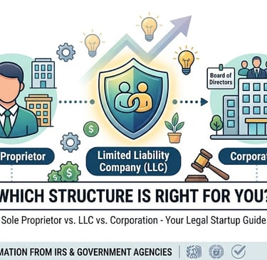 Infographic comparing sole proprietor vs LLC vs corporation business structures for legal startup planning.