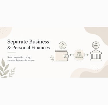 Graphic illustrating how to separate business and personal finances with icons of a wallet and a bank.