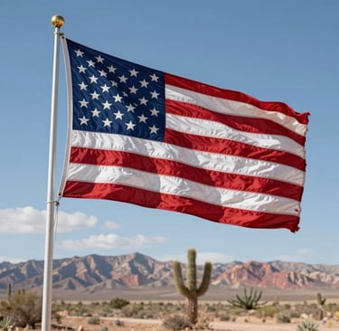 A flag flying in the wind with birds flying in the background