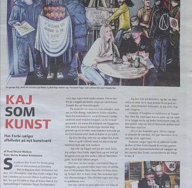 A colorful painting of street protesters and locals in Nørrebro displayed in a Danish newspaper article about Kaj.