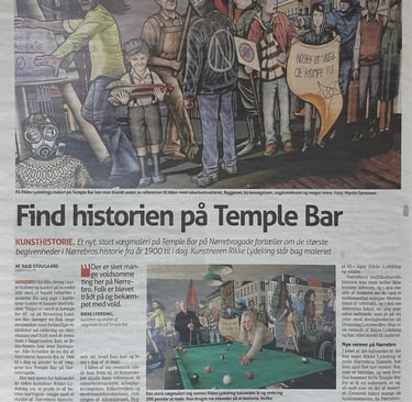 A local newspaper feature showing a vibrant mural at Temple Bar in Nørrebro, Copenhagen, depicting Danish historical and
