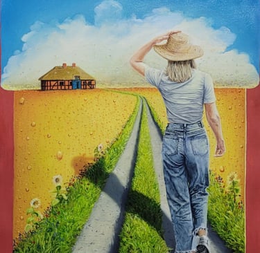 Surreal oil painting of a woman walking toward a cottage through a golden field shaped like a beer glass.
