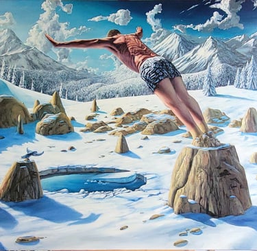 Surreal painting of a man diving into an icy winter pond amidst snowy mountains and frozen landscapes.