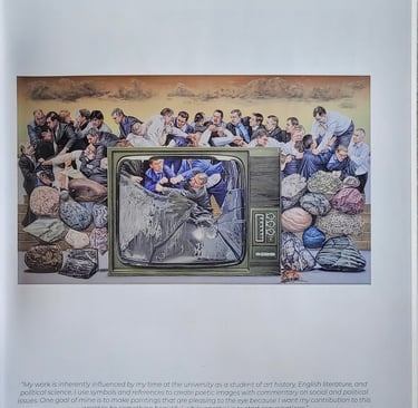 Oil painting titled A Vote by Rikke Lydeking depicting a chaotic crowd behind a vintage television.