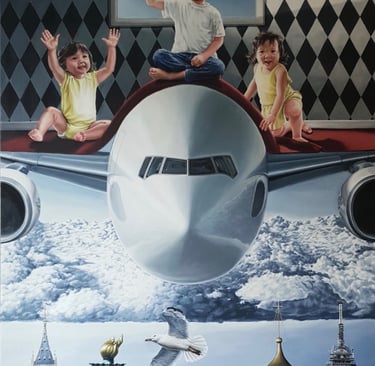 Surreal oil painting of children sitting on a large airplane flying over world landmarks and clouds.