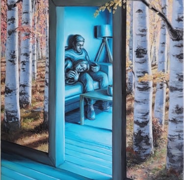 Surreal oil painting of a couple relaxing in a blue room framed by an autumn birch forest.