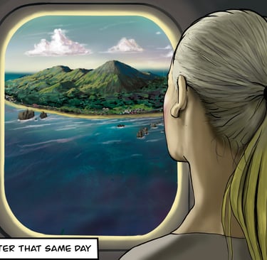 A blonde woman looks out an airplane window at a lush tropical island with green mountains and blue ocean.
