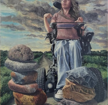 Oil painting of a woman in a motorized wheelchair on a road behind stacked rock cairns under a cloudy sky.
