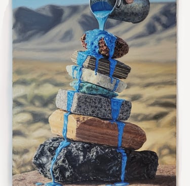 Oil painting of vibrant blue paint pouring over a balanced stack of desert stones and flat rocks.