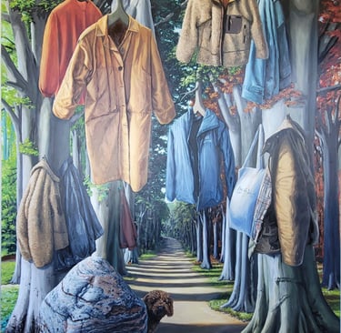 Surreal painting of various winter coats hanging on trees along a forest path with a small dog.