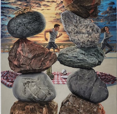 Surreal oil painting of balanced stone stacks with people running in the background at sunset.