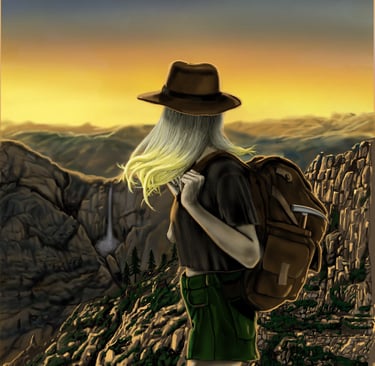 A blonde female hiker with a backpack and hat looks at a mountain sunset and waterfall.