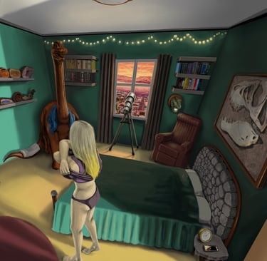 Blonde woman in a dinosaur-themed bedroom with a Brachiosaurus statue, telescope, and fossil art.