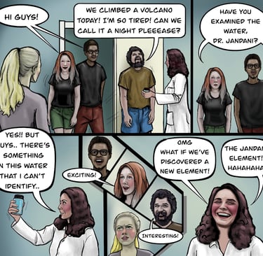 Comic strip showing scientists and hikers discussing a mysterious element found in volcano water samples.