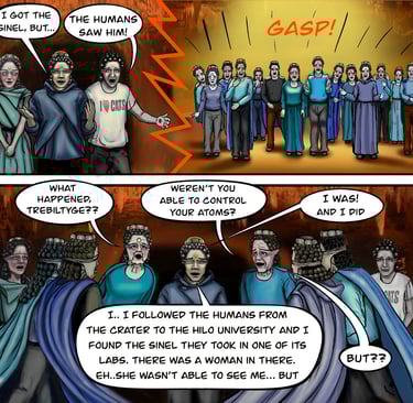 Comic strip featuring telepathic aliens with jewel-studded foreheads discussing a mission to Hilo University.