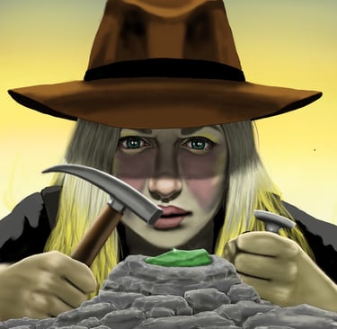 A blonde female archaeologist wearing a brown fedora hat uses a hammer to extract a green gemstone from rock.