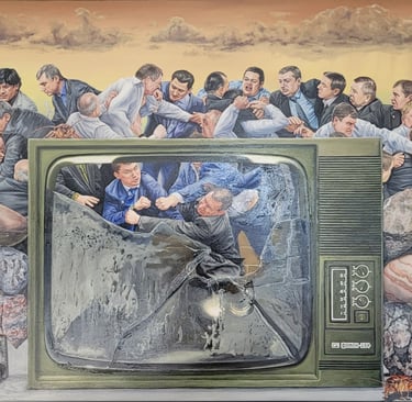 Surreal oil painting of politicians fighting behind a cracked vintage television and a stone wall.