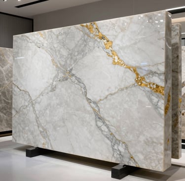 A rich, deep green quartzite slab with intricate swirling patterns, illuminated by soft lighting.