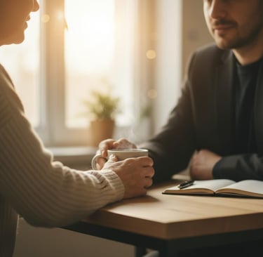 Pessoa idosa ao telefone em conversa de escuta ativa profissional, representando apoio domiciliário 