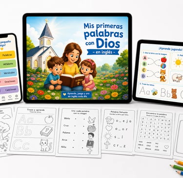 Childrens Christian educational app and printable Bible activity worksheets for learning English words.
