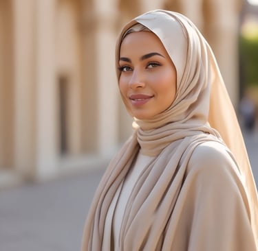 Men’s and women’s modest clothing displayed on mannequins with warm lighting.