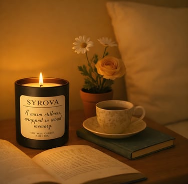 Luxury hand-poured soy candle burning in a modern minimalist living room