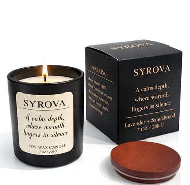 Lavender and Sandalwood soy candle styled in calm modern interior