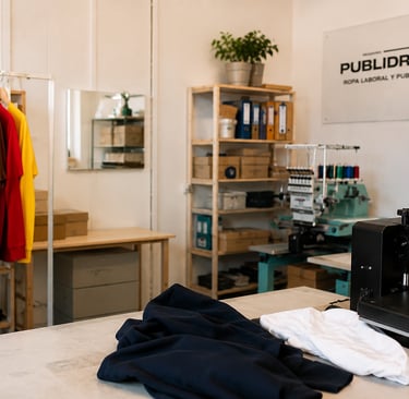 Ropa laboral en Valencia con maquinaria de personalización y uniformes profesionales Publidress