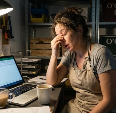 Frustrated Clinton MO small business owner trying to build a DIY website on a laptop late at night