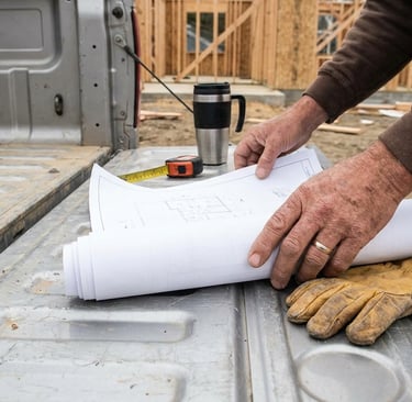 Clinton MO contractor reviewing construction blueprints on a pickup truck tailgate