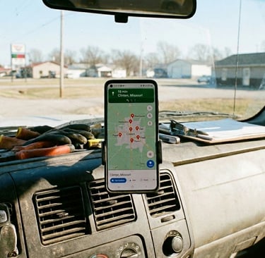 Service truck dashboard with smartphone displaying Google Maps search pins for local businesses in C