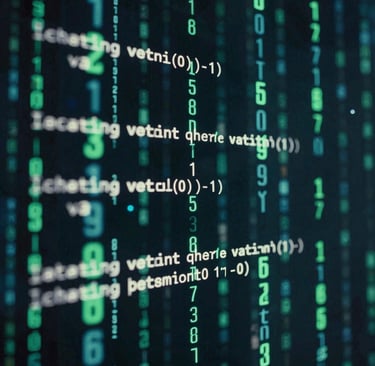 Engineers collaborating over AI software code displayed on multiple monitors with orange accents