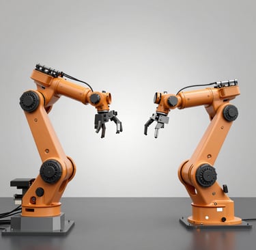 Close-up of a robotic arm assembling intricate components with precision in a bright orange-lit lab