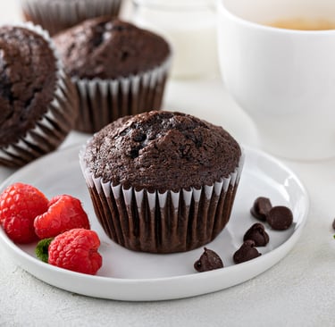 Double chocolate chip muffin on a plate with fresh raspberries and a cup of coffee.