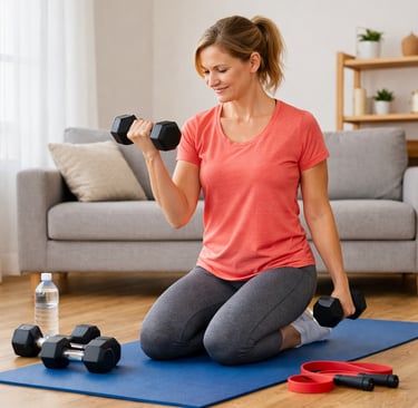 beginner woman doing a simple home workout with dumbbells in a living room