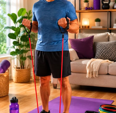 Man using resistance bands for a beginner home workout with multiple resistance bands, a water bottl
