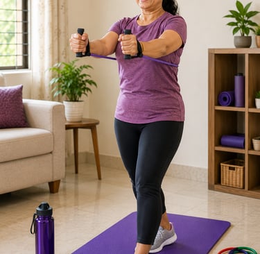 Indian woman performing a resistance band chest press using a tube resistance band with black foam h