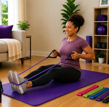 Beginner performing a seated resistance band row using a tube resistance band with handles while sit