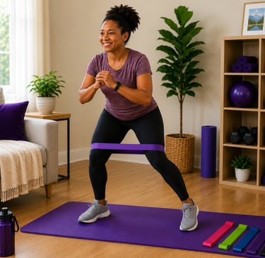 woman performing resistance band lateral walks with a loop resistance band in a bright home workout